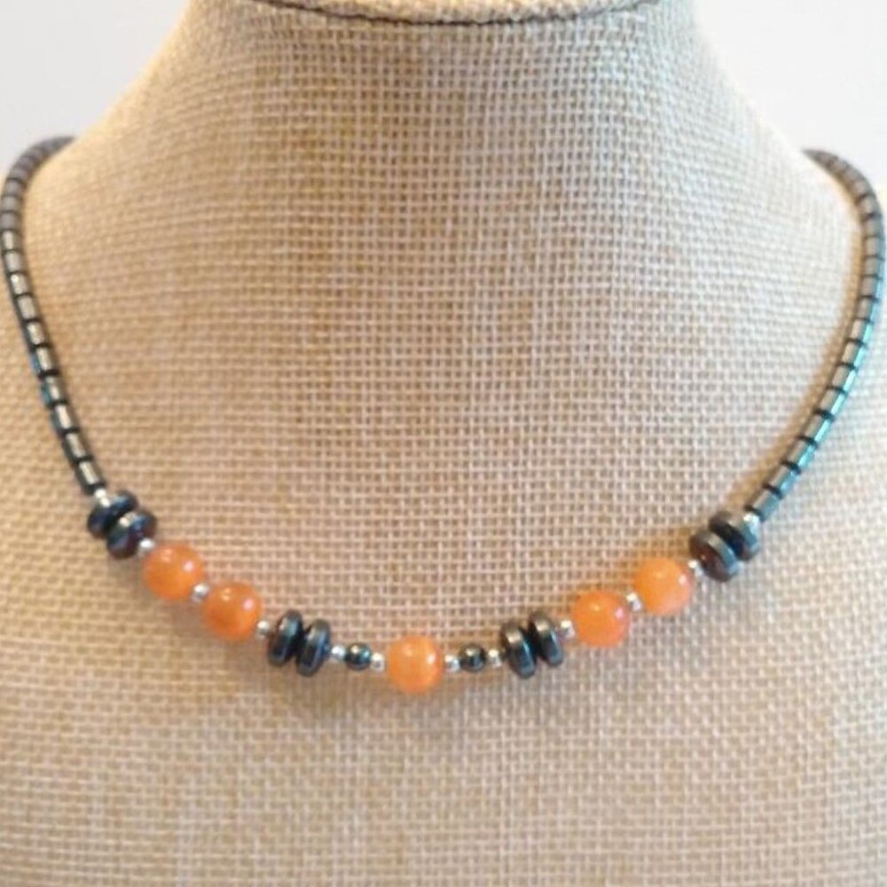 Hematite & Orange Glass Cats Eye Bead Necklace